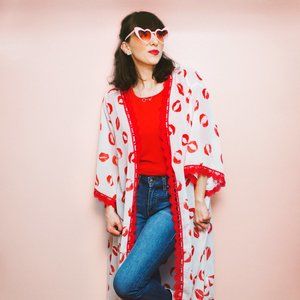 Lips Print and Lace Kimono